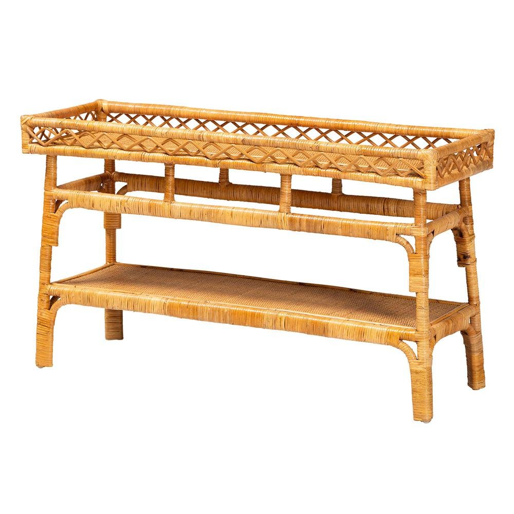 Savitri Modern Bohemian Natural Rattan 2-Tier Console Table