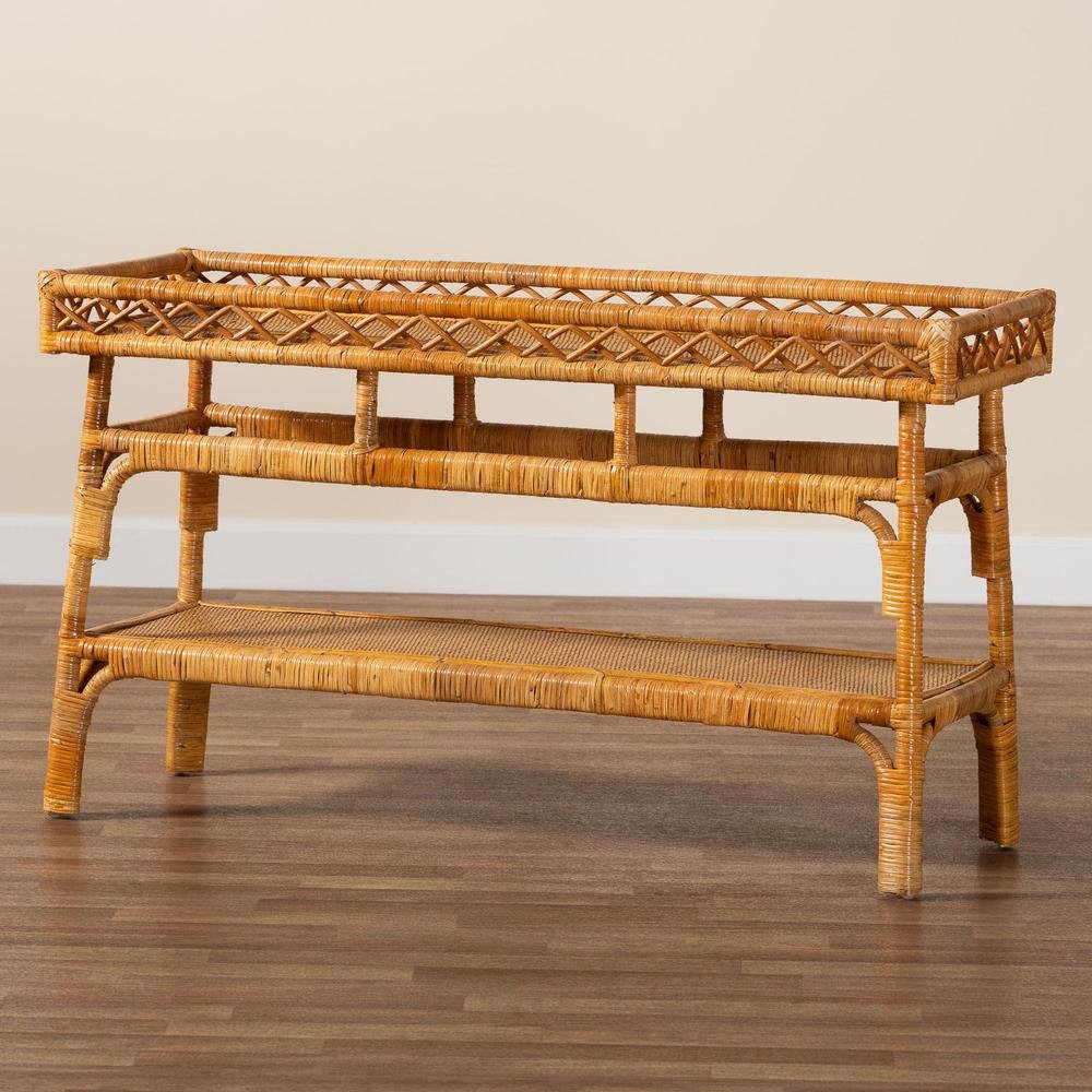 Savitri Modern Bohemian Natural Rattan 2-Tier Console Table