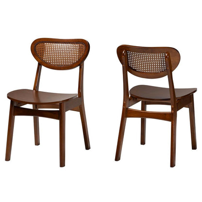 Walnut Brown Finished Wood and Rattan 2-Piece Dining Chair Set