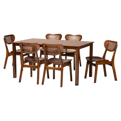 Walnut Brown Finished Wood and Woven Rattan 7-Piece Dining Set