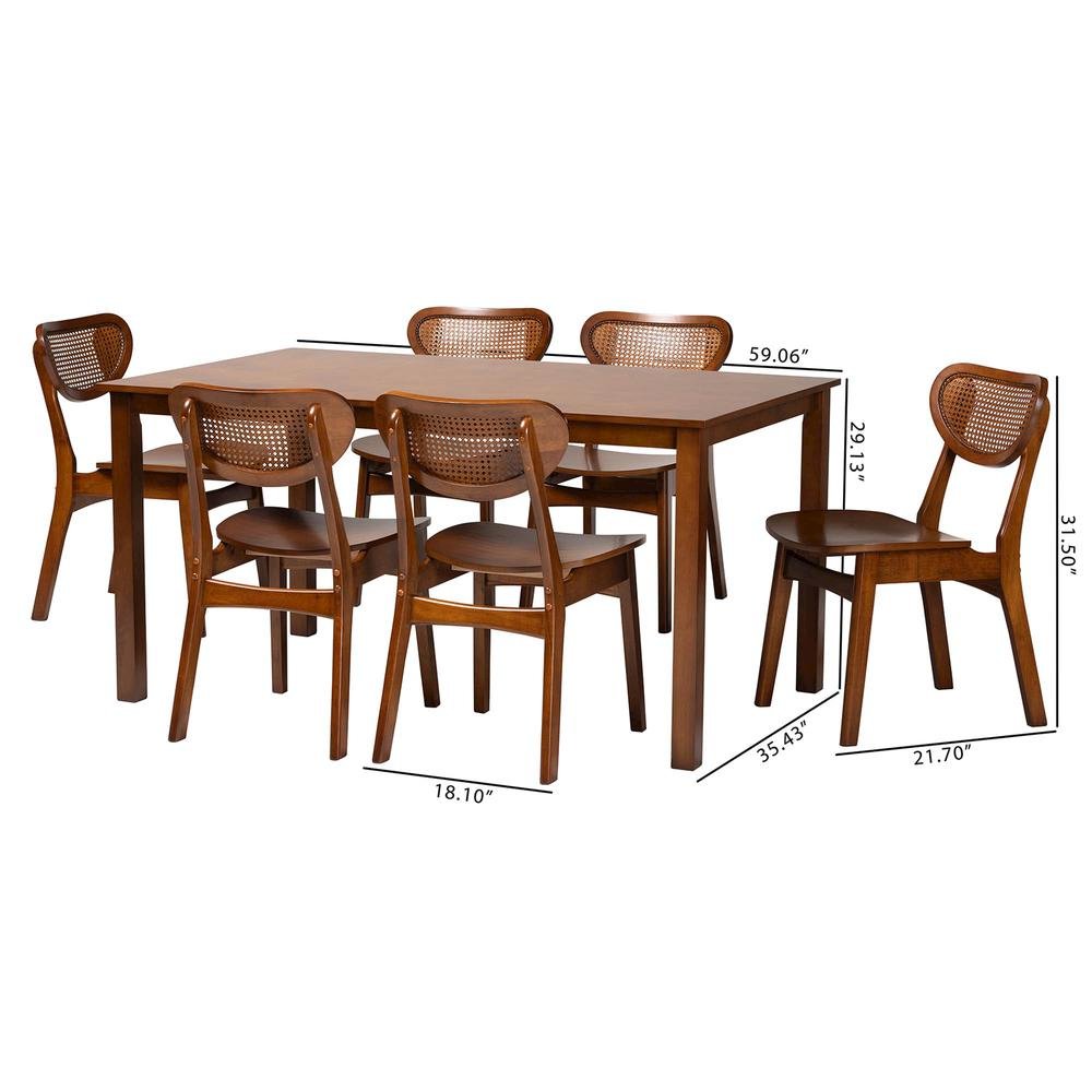 Walnut Brown Finished Wood and Woven Rattan 7-Piece Dining Set
