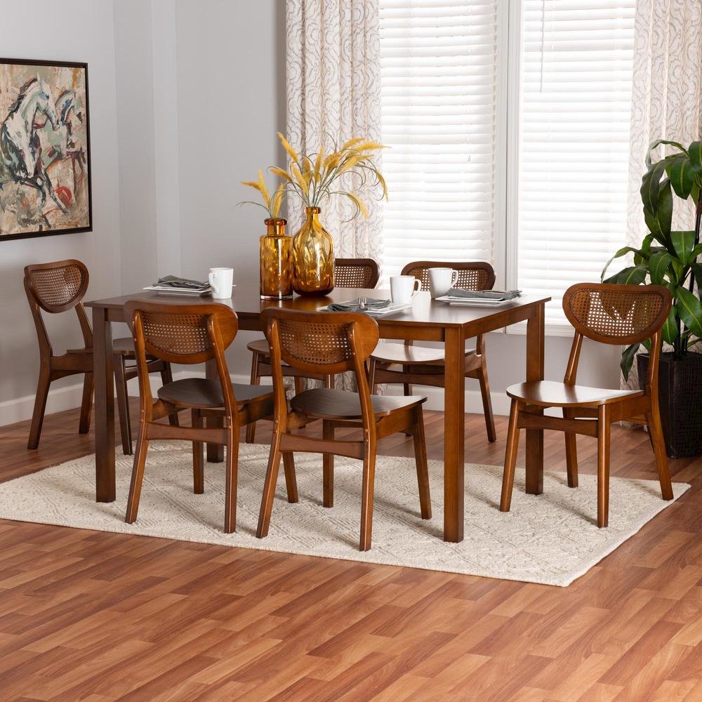 Walnut Brown Finished Wood and Woven Rattan 7-Piece Dining Set
