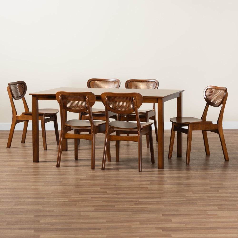 Walnut Brown Finished Wood and Woven Rattan 7-Piece Dining Set
