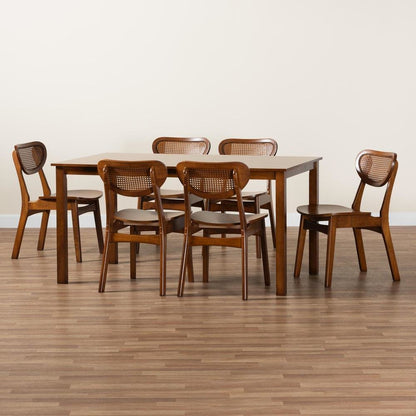 Walnut Brown Finished Wood and Woven Rattan 7-Piece Dining Set