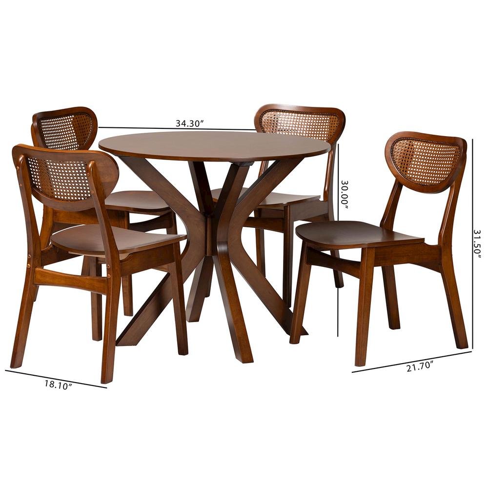 Walnut Brown Finished Wood and Woven Rattan 5-Piece Dining Set