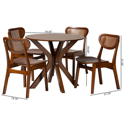 Walnut Brown Finished Wood and Woven Rattan 5-Piece Dining Set
