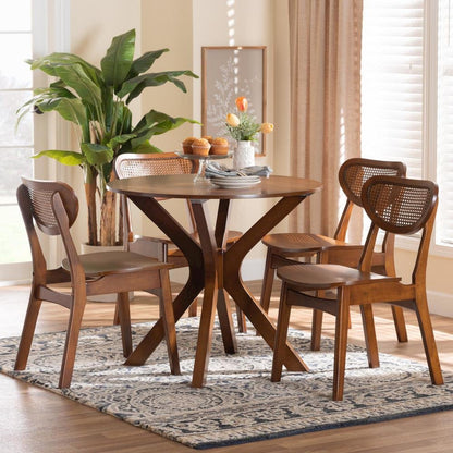 Walnut Brown Finished Wood and Woven Rattan 5-Piece Dining Set