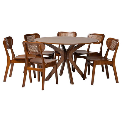 Walnut Brown Finished Wood and Woven Rattan 7-Piece Dining Set