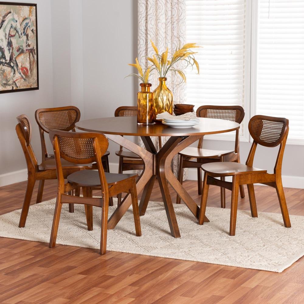 Walnut Brown Finished Wood and Woven Rattan 7-Piece Dining Set