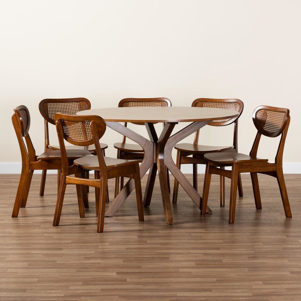 Walnut Brown Finished Wood and Woven Rattan 7-Piece Dining Set