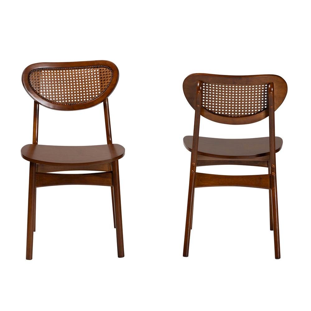 Walnut Brown Finished Wood and Rattan 2-Piece Dining Chair Set