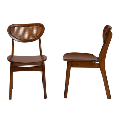 Walnut Brown Finished Wood and Rattan 2-Piece Dining Chair Set