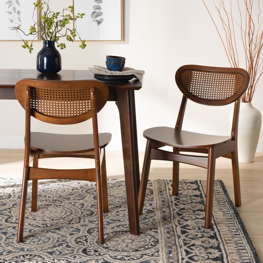 Walnut Brown Finished Wood and Rattan 2-Piece Dining Chair Set
