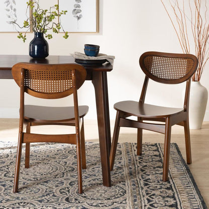 Walnut Brown Finished Wood and Rattan 2-Piece Dining Chair Set