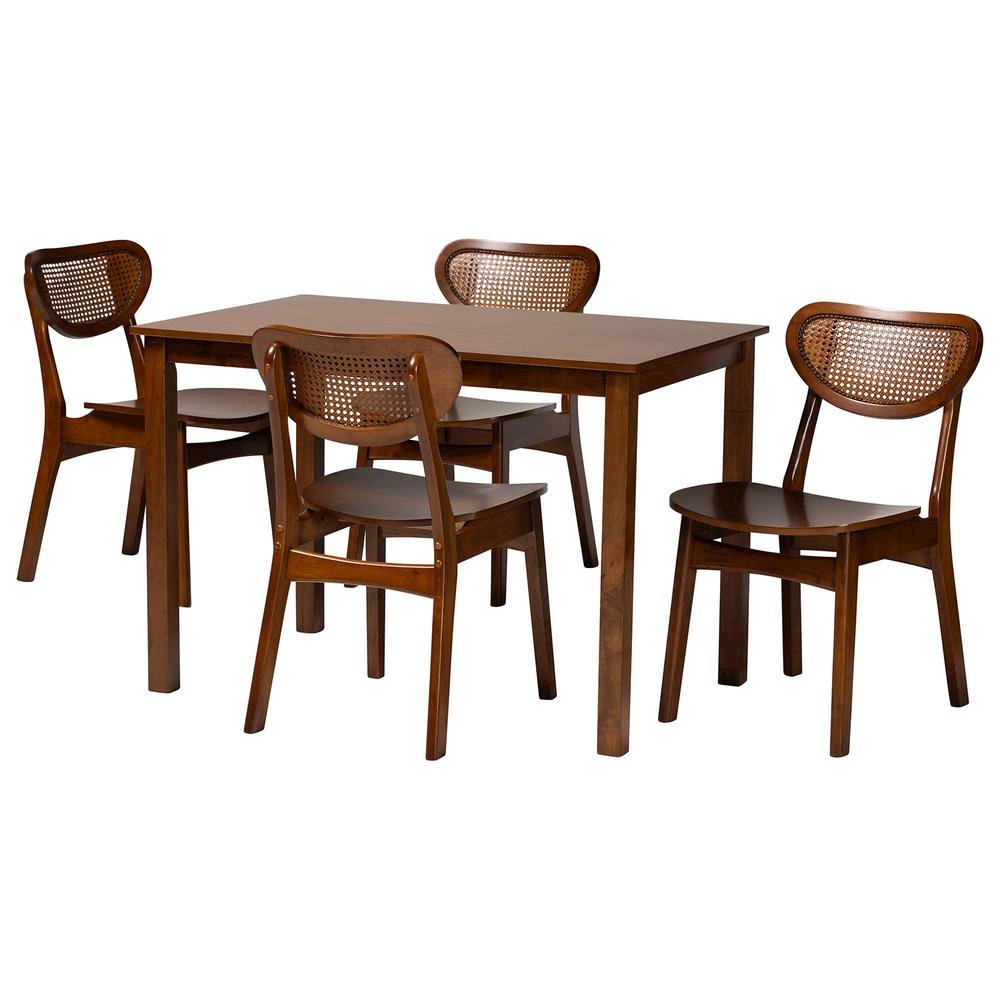 Walnut Brown Finished Wood and Woven Rattan 5-Piece Dining Set