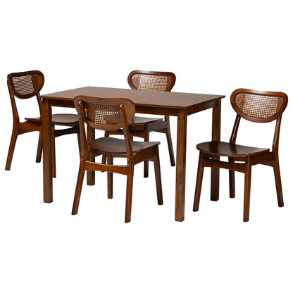 Walnut Brown Finished Wood and Woven Rattan 5-Piece Dining Set