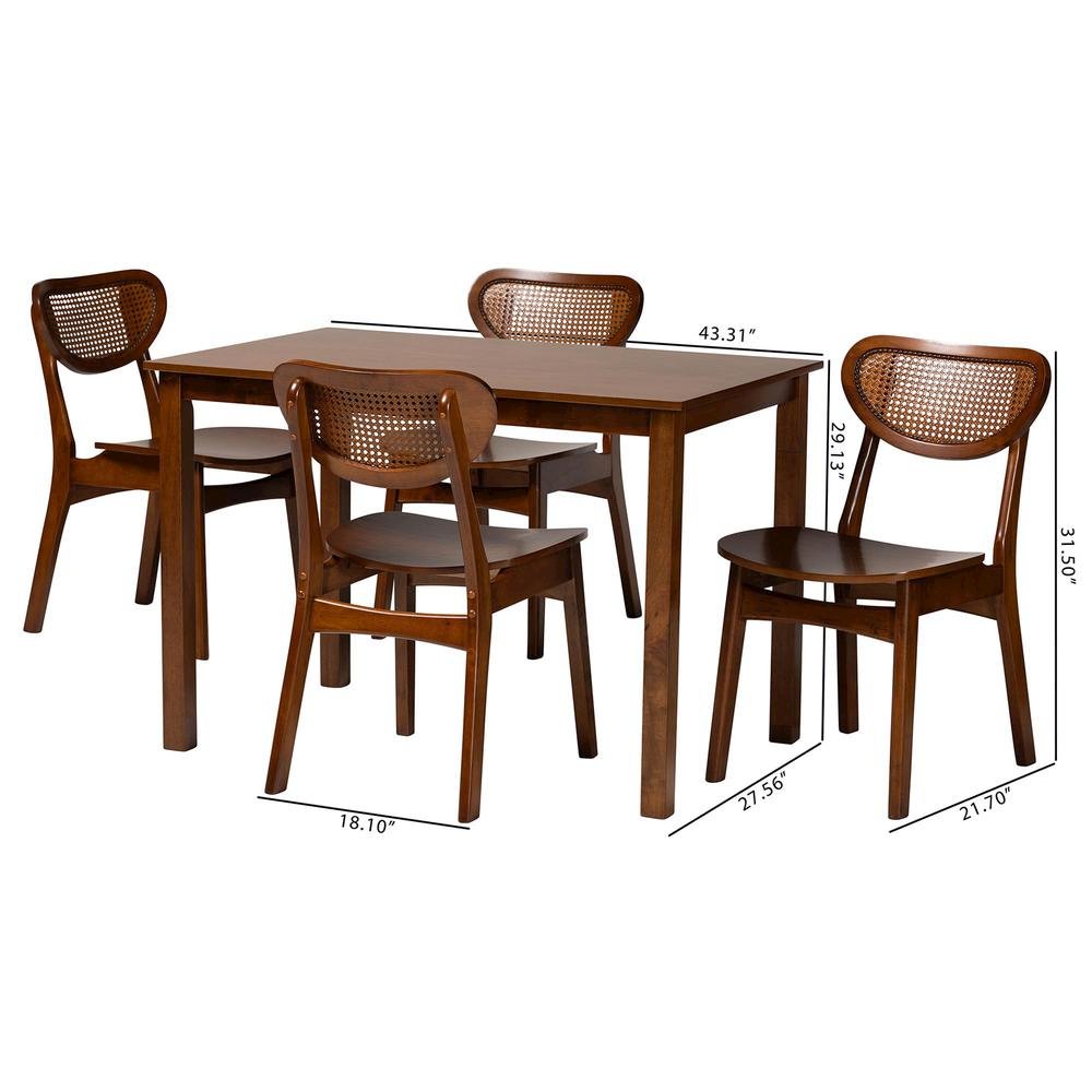 Walnut Brown Finished Wood and Woven Rattan 5-Piece Dining Set