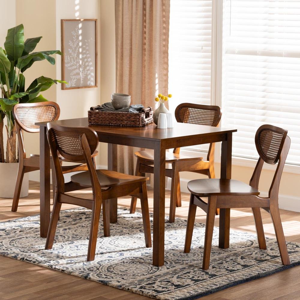 Walnut Brown Finished Wood and Woven Rattan 5-Piece Dining Set