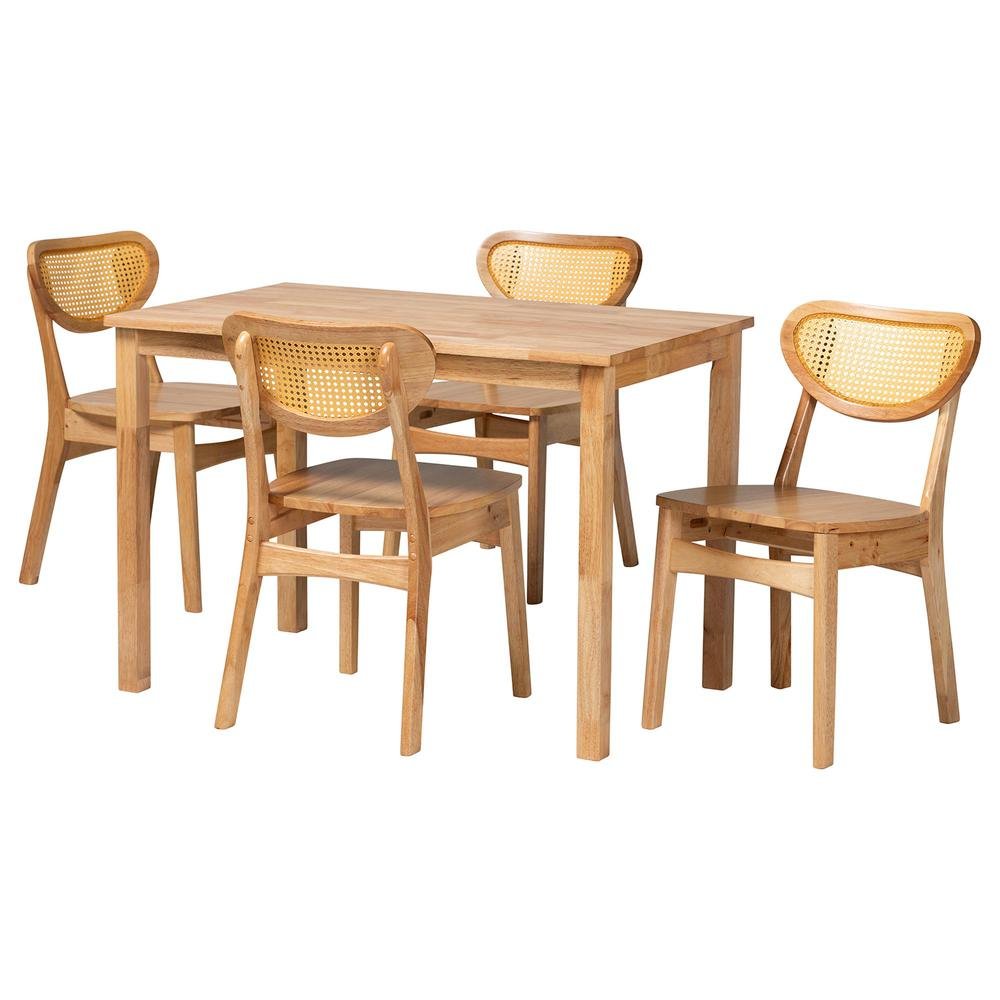 Oak Brown Finished Wood and Rattan 5-Piece Dining Set