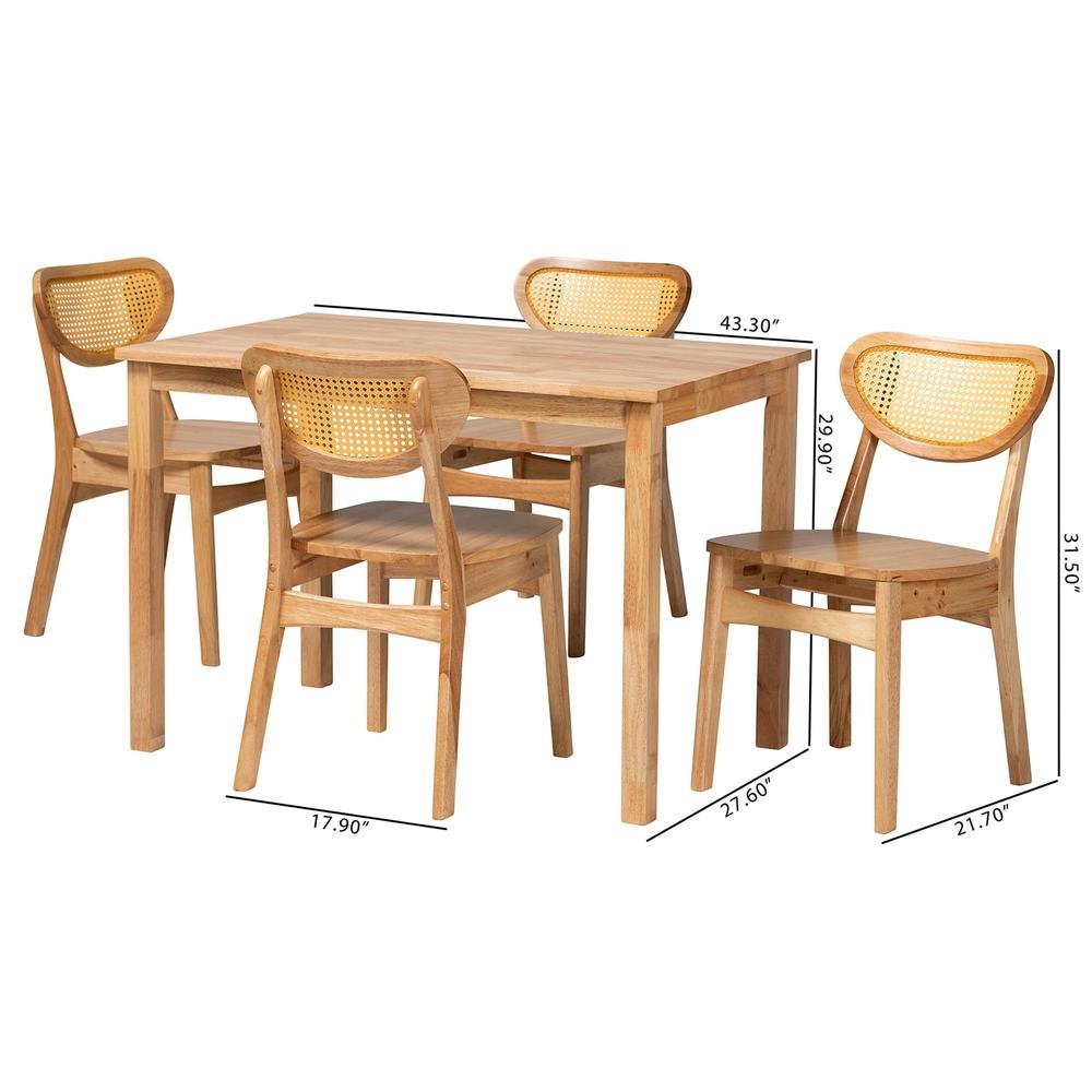Oak Brown Finished Wood and Rattan 5-Piece Dining Set