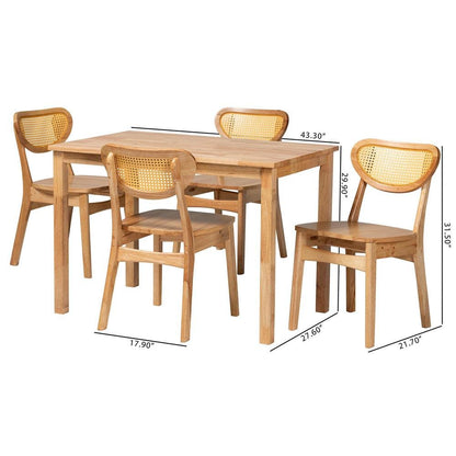 Oak Brown Finished Wood and Rattan 5-Piece Dining Set
