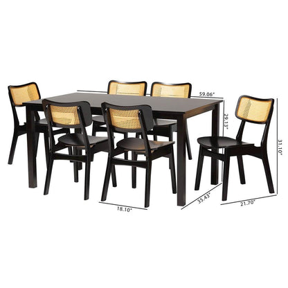 Estera Mid-Century Modern Dark Brown Finished Wood and Rattan 7-Piece Dining Set