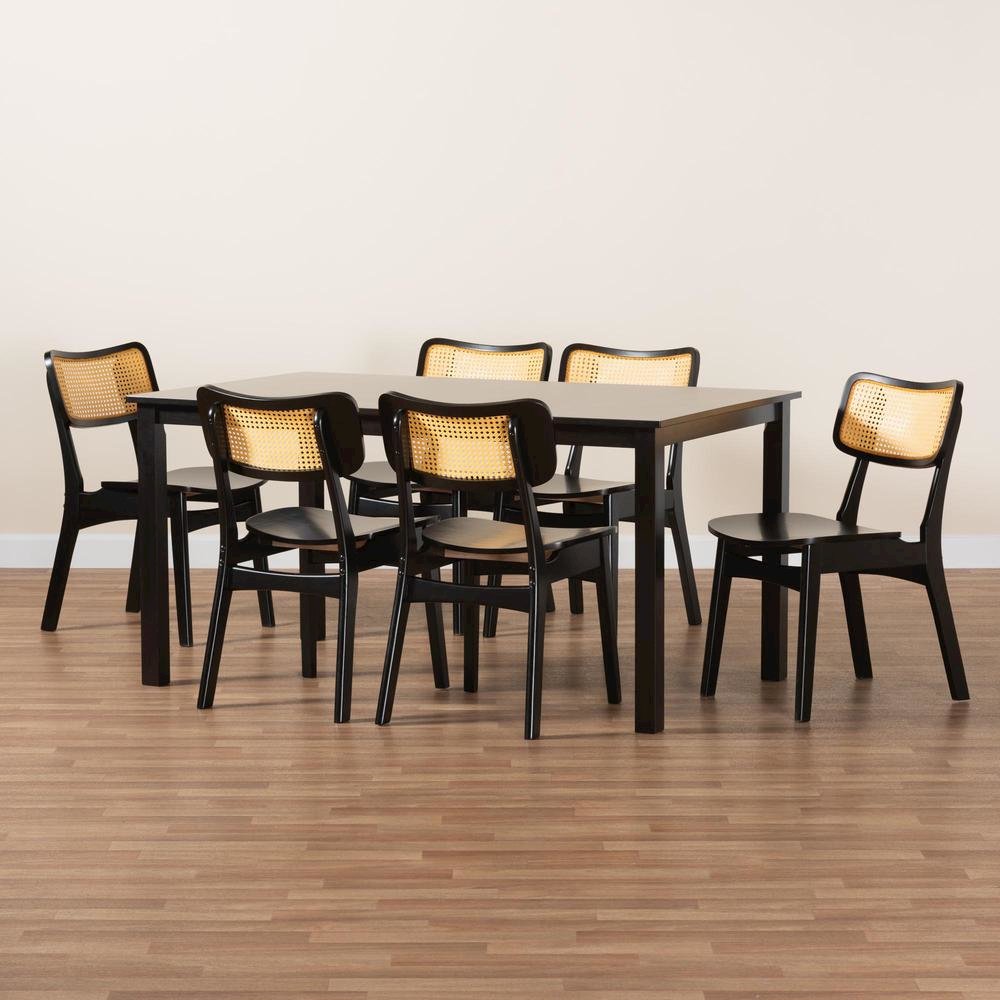 Estera Mid-Century Modern Dark Brown Finished Wood and Rattan 7-Piece Dining Set