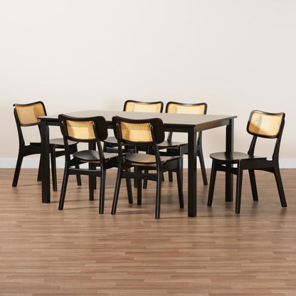 Estera Mid-Century Modern Dark Brown Finished Wood and Rattan 7-Piece Dining Set