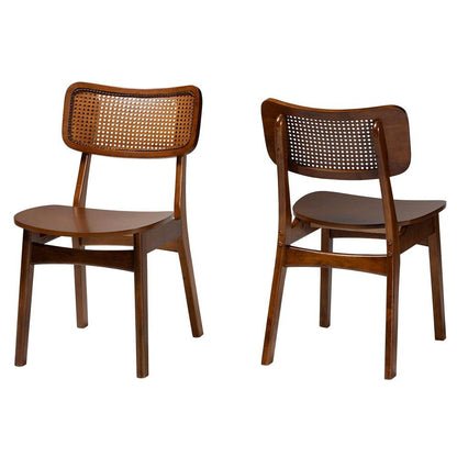 Walnut Brown Finished Wood and Rattan 2-Piece Dining Chair Set
