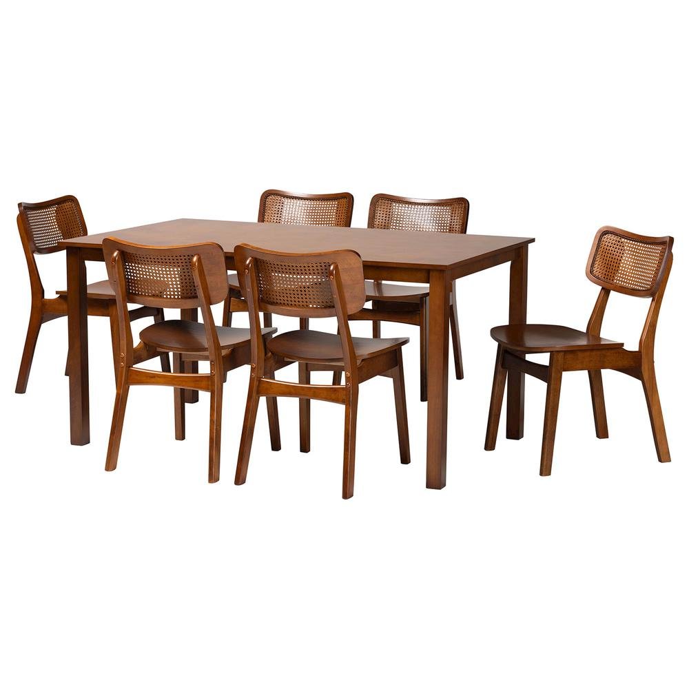 Walnut Brown Finished Wood and Rattan 7-Piece Dining Set