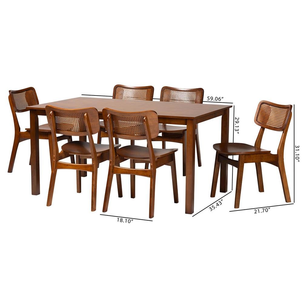 Walnut Brown Finished Wood and Rattan 7-Piece Dining Set