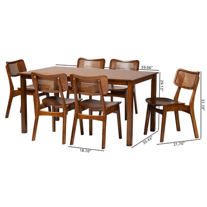 Walnut Brown Finished Wood and Rattan 7-Piece Dining Set