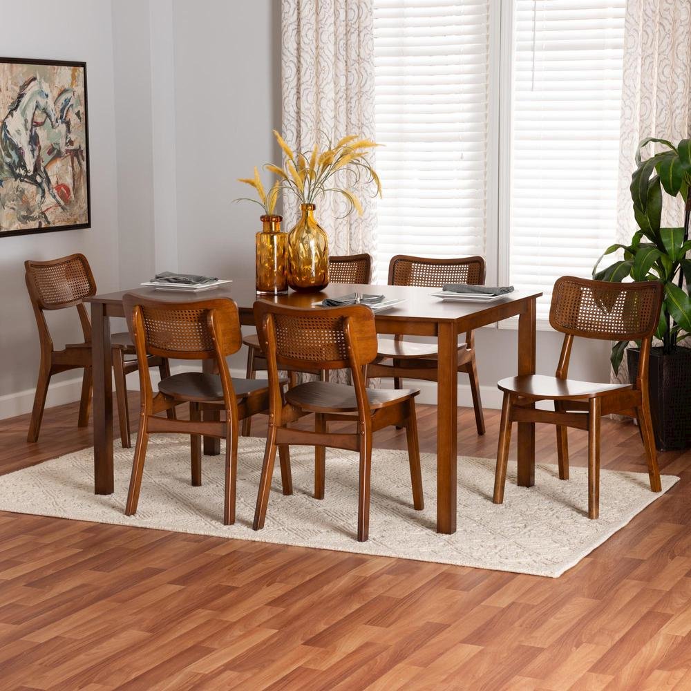 Walnut Brown Finished Wood and Rattan 7-Piece Dining Set