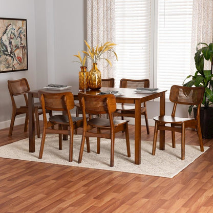 Walnut Brown Finished Wood and Rattan 7-Piece Dining Set