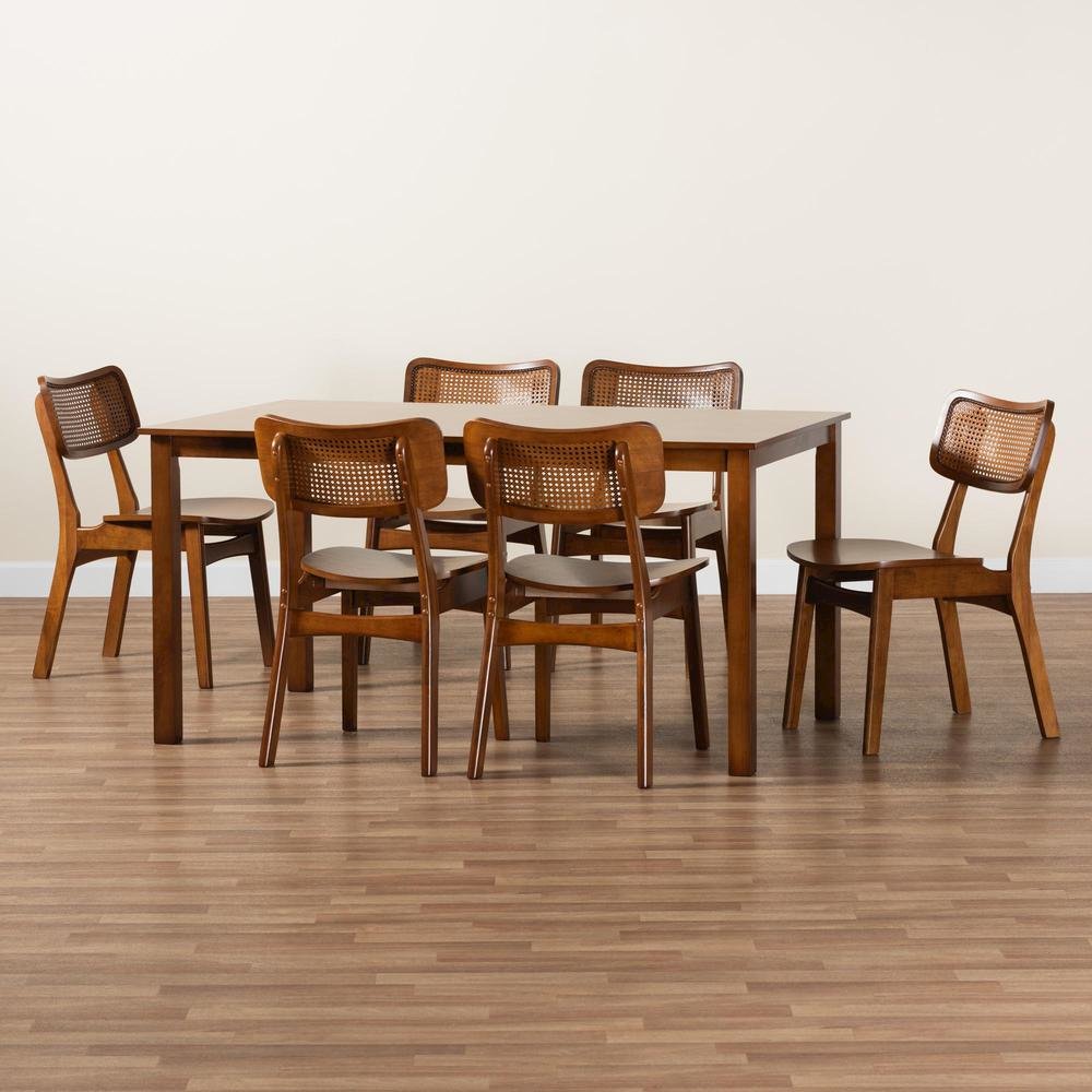 Walnut Brown Finished Wood and Rattan 7-Piece Dining Set