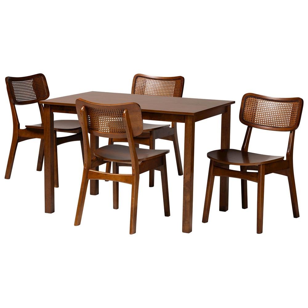 Walnut Brown Finished Wood and Rattan 5-Piece Dining Set