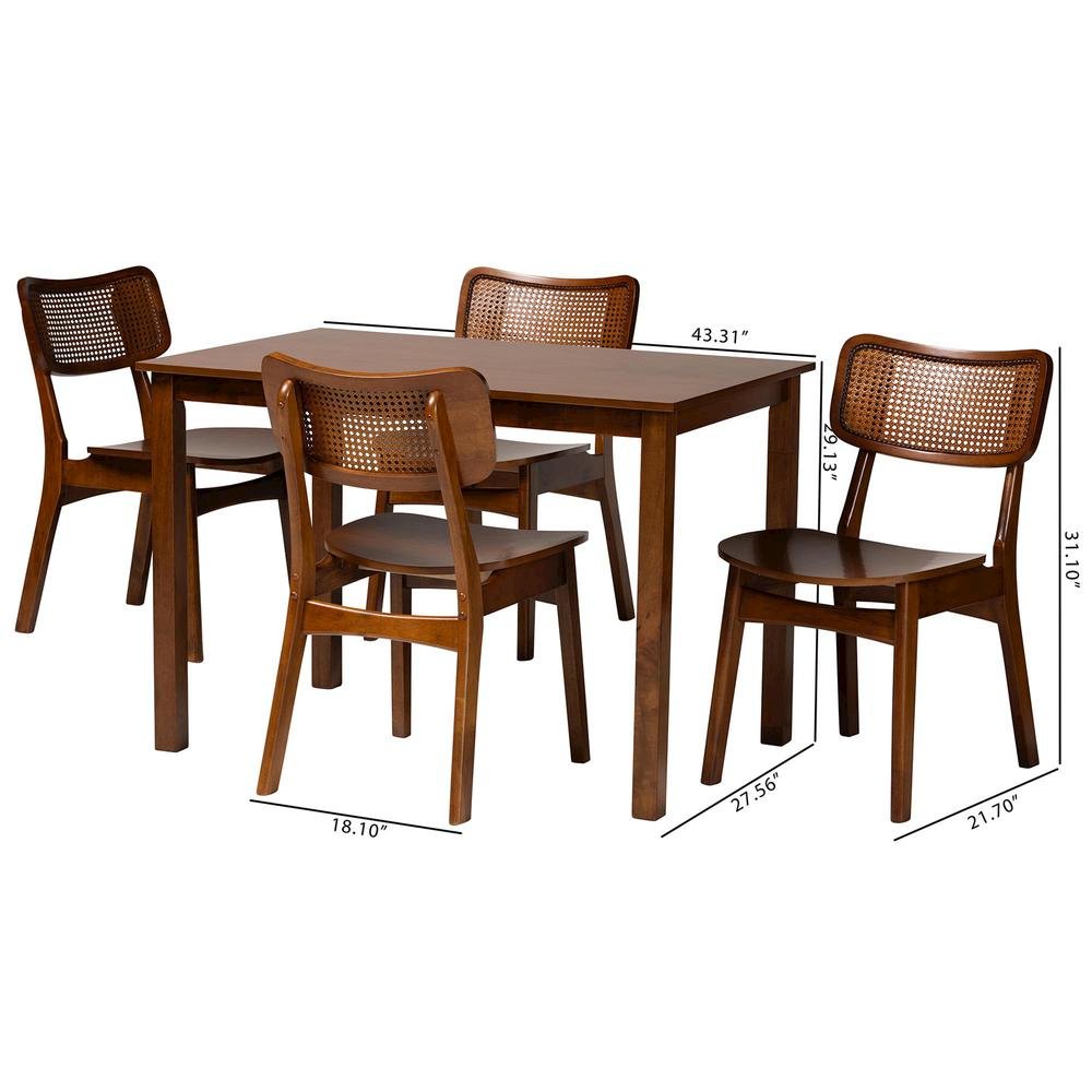 Walnut Brown Finished Wood and Rattan 5-Piece Dining Set