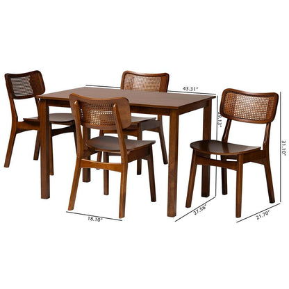 Walnut Brown Finished Wood and Rattan 5-Piece Dining Set
