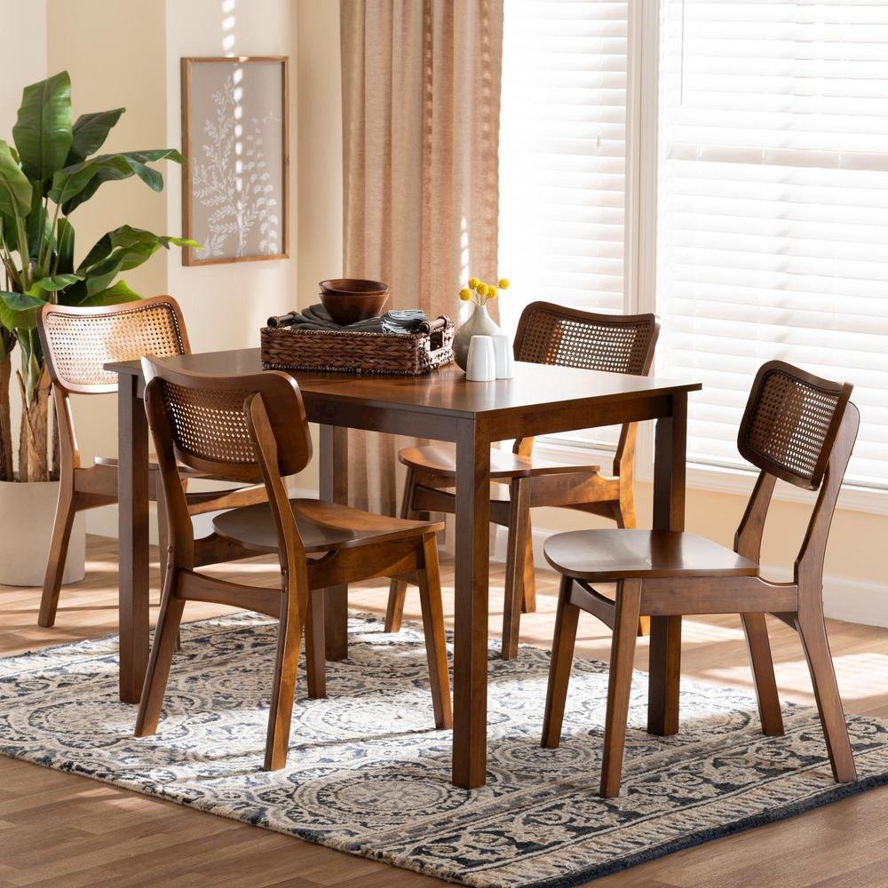 Walnut Brown Finished Wood and Rattan 5-Piece Dining Set
