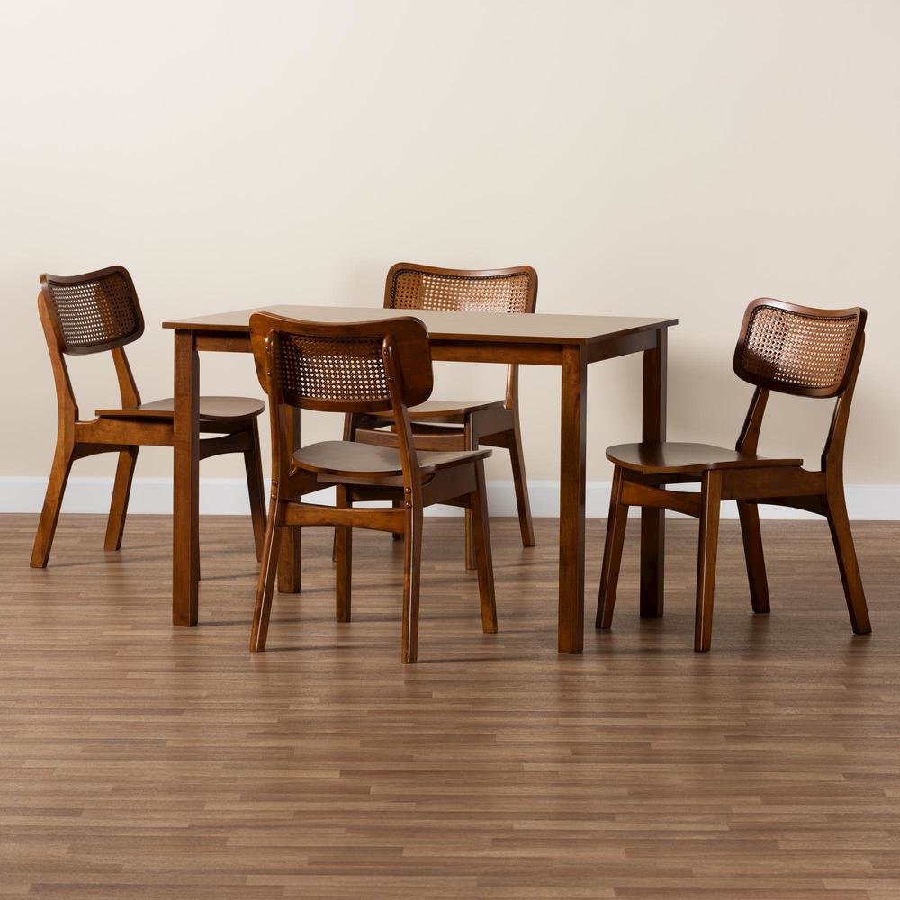 Walnut Brown Finished Wood and Rattan 5-Piece Dining Set