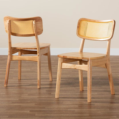 Oak Brown Finished Wood and Rattan 2-Piece Dining Chair Set