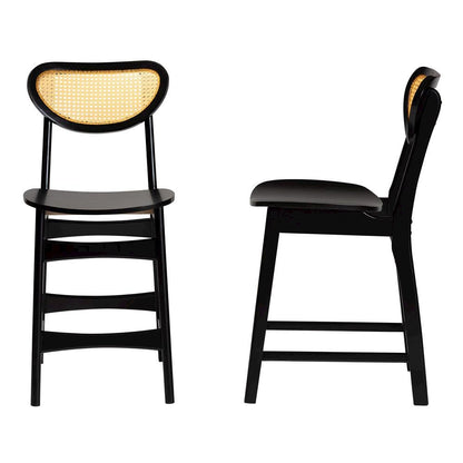 Dark Brown Finished Wood and Rattan 2-Piece Counter Stool Set
