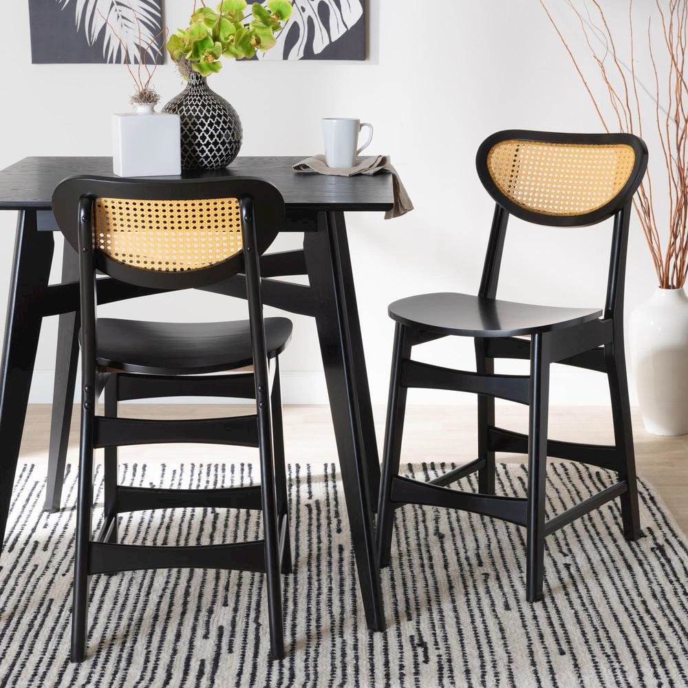Dark Brown Finished Wood and Rattan 2-Piece Counter Stool Set