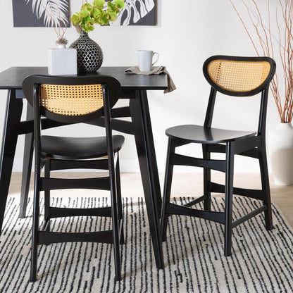 Dark Brown Finished Wood and Rattan 2-Piece Counter Stool Set