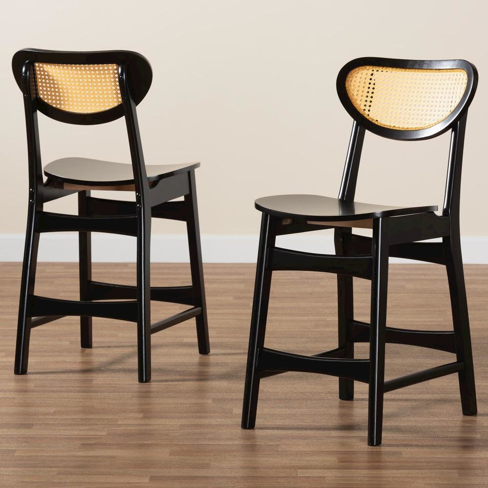 Dark Brown Finished Wood and Rattan 2-Piece Counter Stool Set