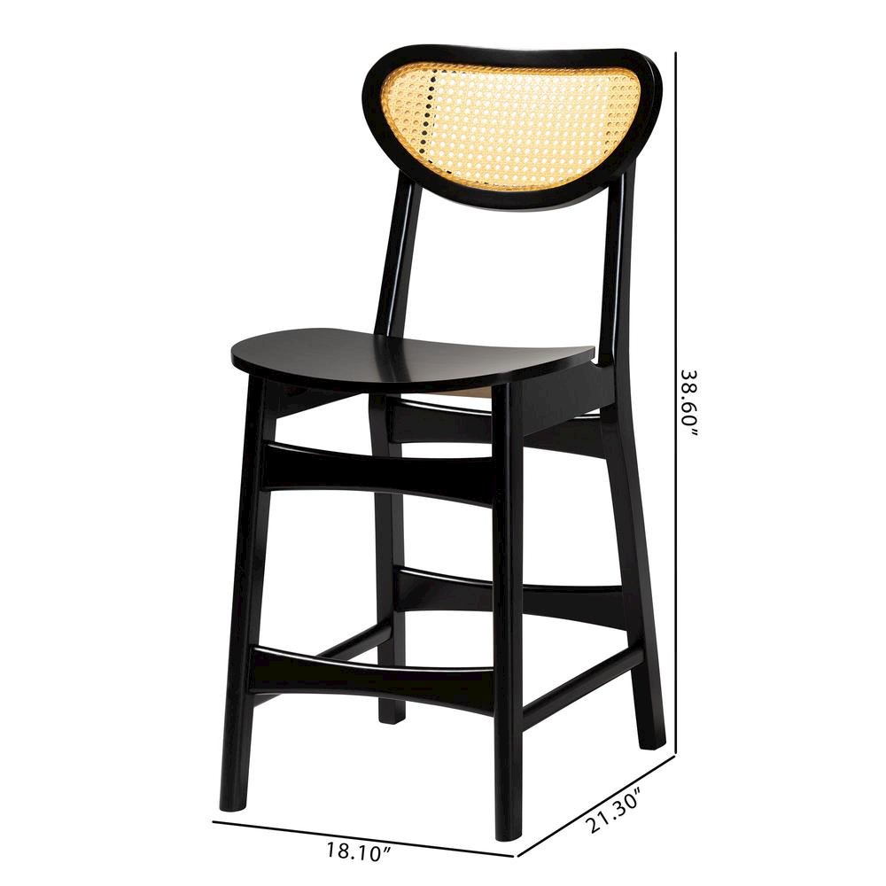 Dark Brown Finished Wood and Rattan 2-Piece Counter Stool Set