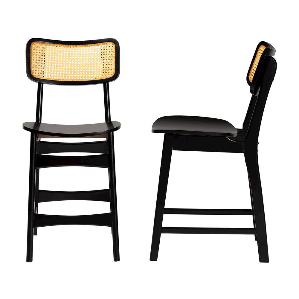 Dark Brown Finished Wood and Rattan 2-Piece Counter Stool Set