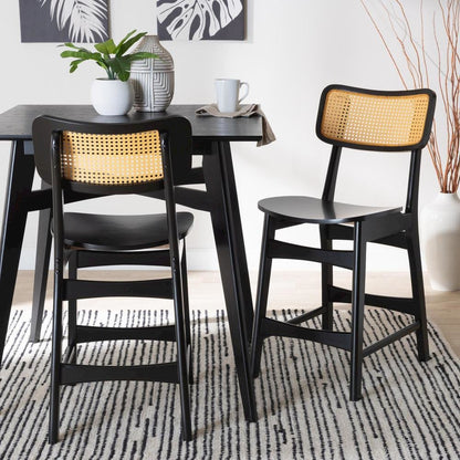 Dark Brown Finished Wood and Rattan 2-Piece Counter Stool Set