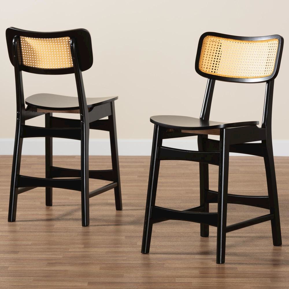 Dark Brown Finished Wood and Rattan 2-Piece Counter Stool Set