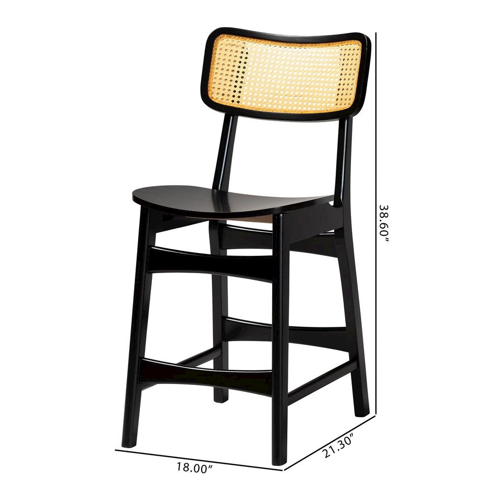 Dark Brown Finished Wood and Rattan 2-Piece Counter Stool Set